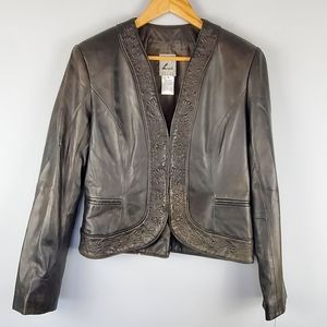 ZELDA Brown/Black 100% Lamb Leather Jacket, Size 10 (Matching Skirt Available)